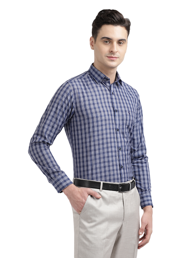 Model wearing Clarke Gable's Blue With White Checked Formal Shirt in a casual setting