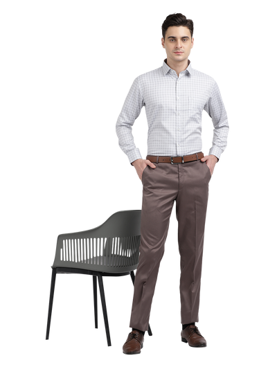 Model wearing Clarke Gable's Brown Casual Fit Trousers in a casual setting