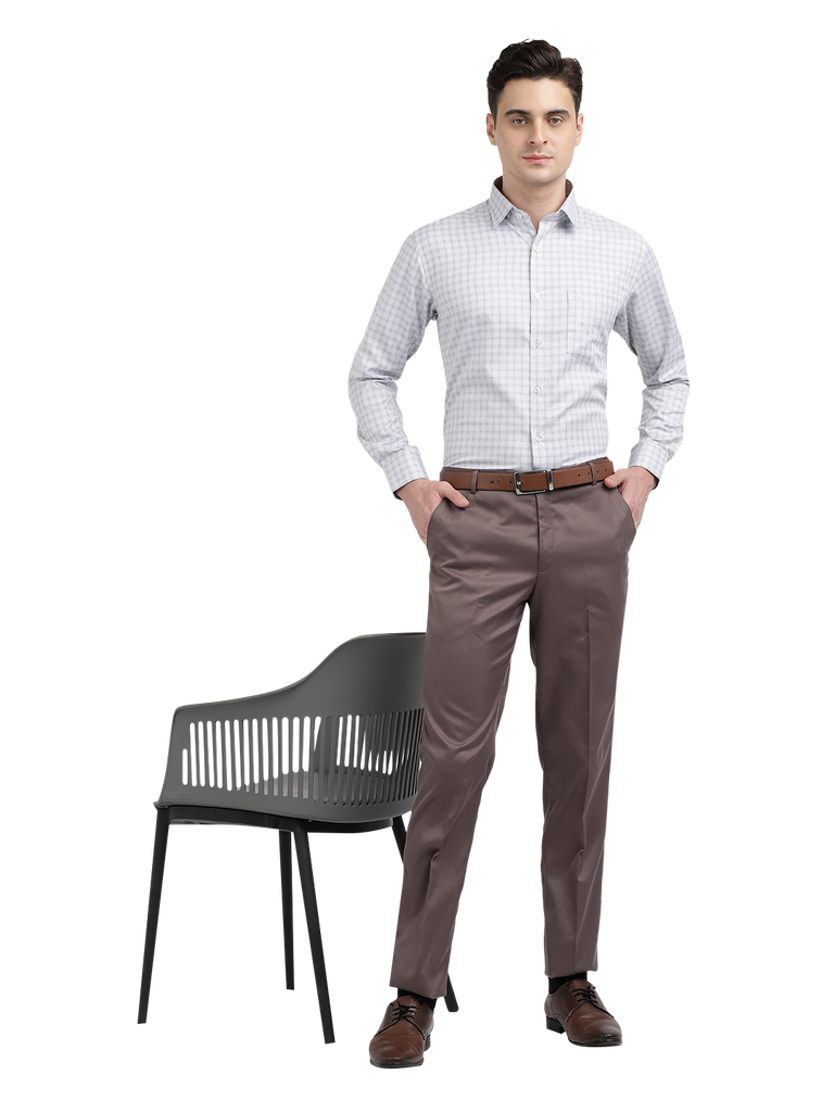 Model wearing Clarke Gable's Brown Casual Fit Trousers in a casual setting