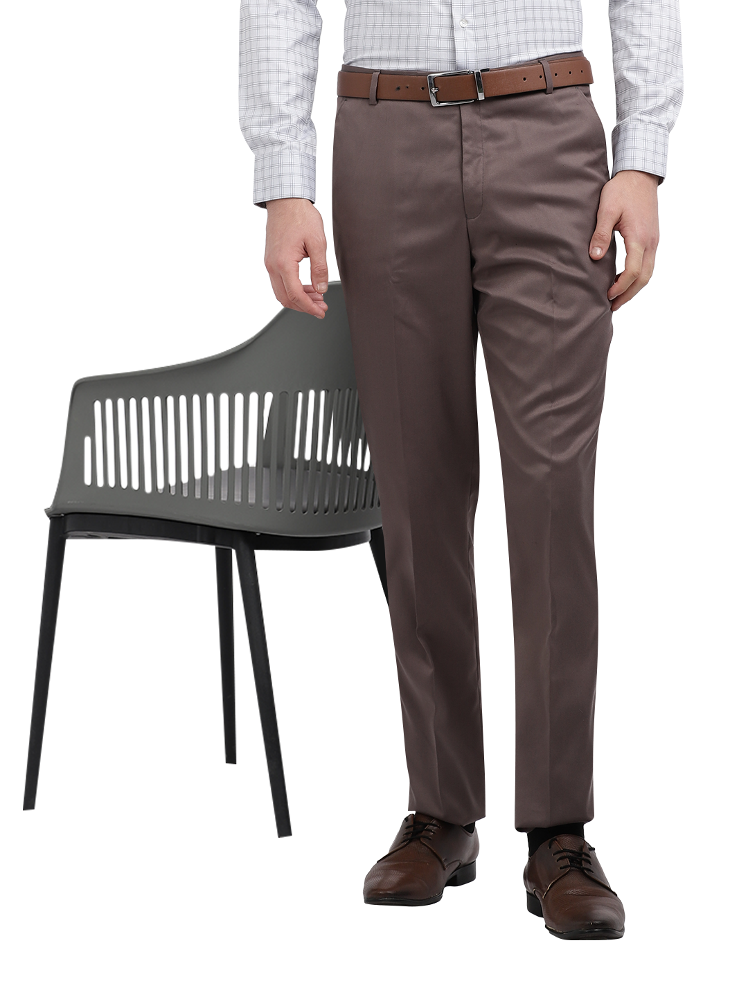 Model wearing Clarke Gable's Brown Casual Fit Trousers in a casual setting