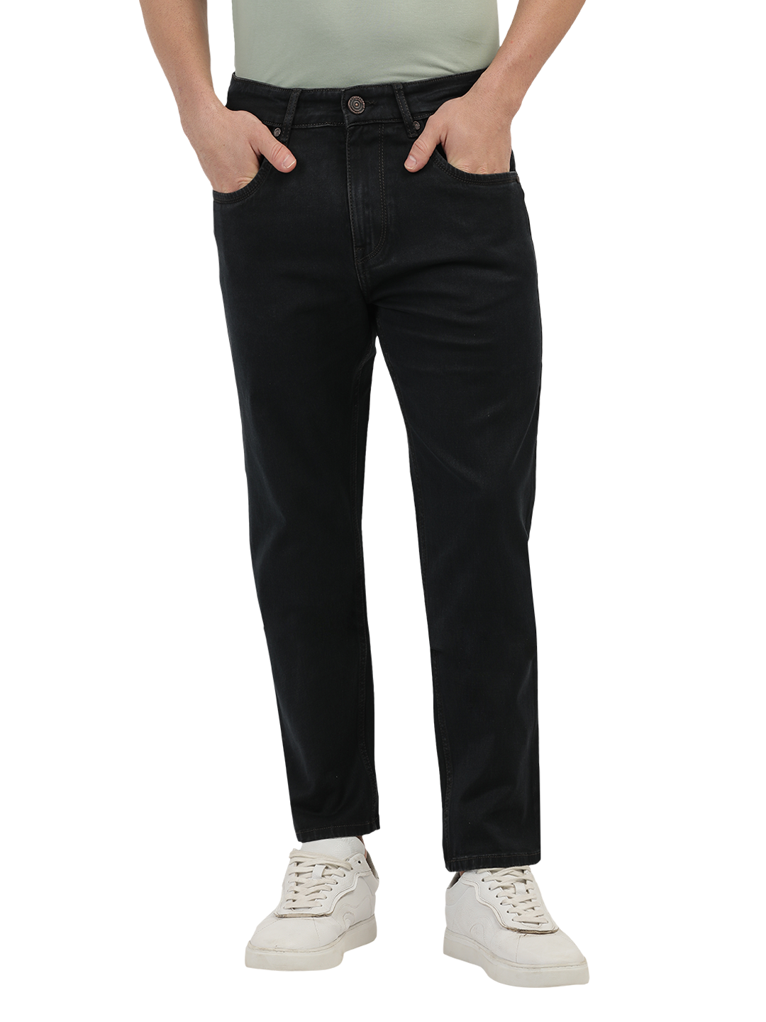 Model wearing Clarke Gable's Brown Tinted Smart Fit Jeans in a casual setting