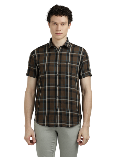 Model wearing Clarke Gable's Brown With Black Checked Semi Casual Shirt in a casual setting