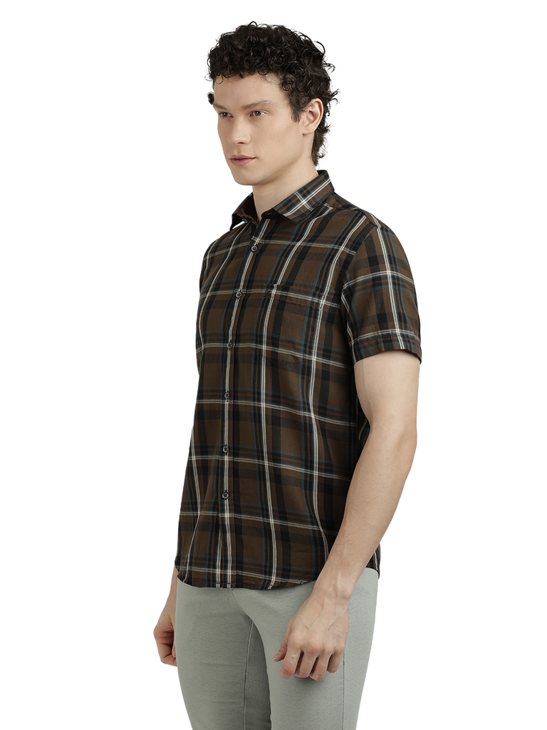 Model wearing Clarke Gable's Brown With Black Checked Semi Casual Shirt in a casual setting