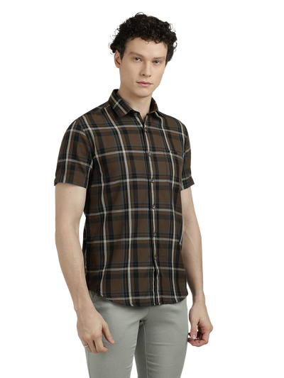Model wearing Clarke Gable's Brown With Black Checked Semi Casual Shirt in a casual setting