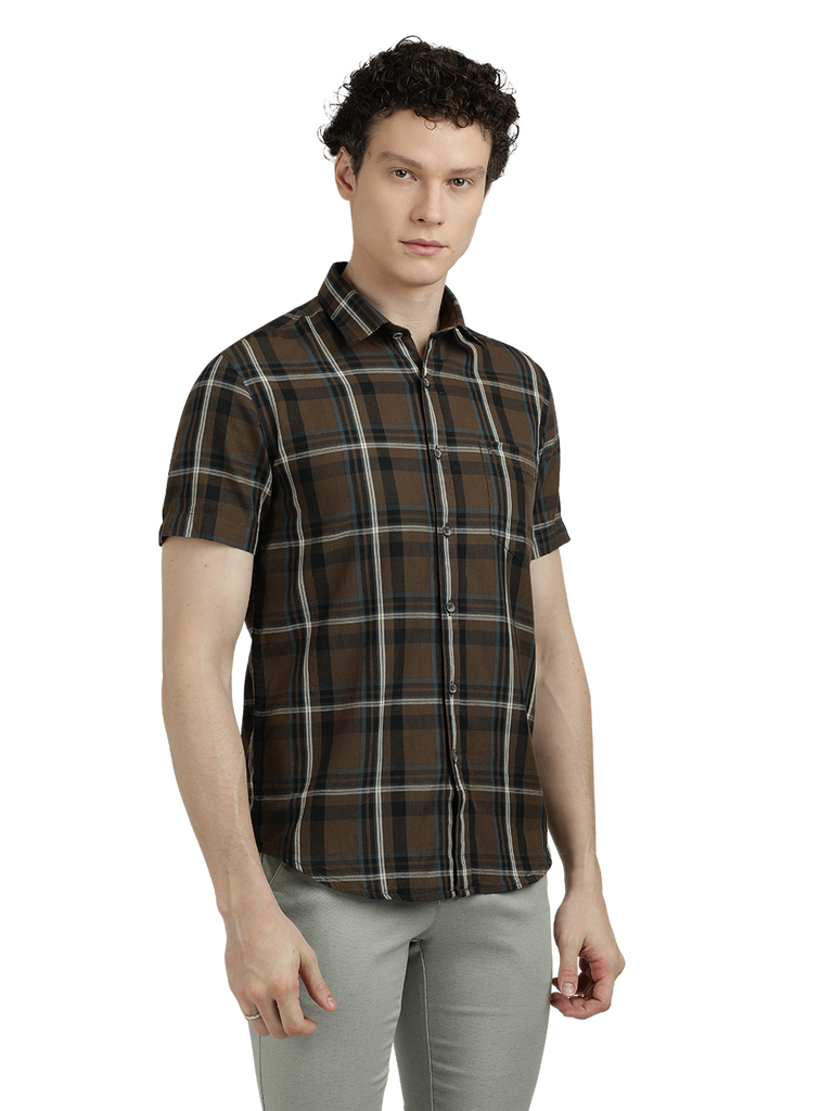 Model wearing Clarke Gable's Brown With Black Checked Semi Casual Shirt in a casual setting