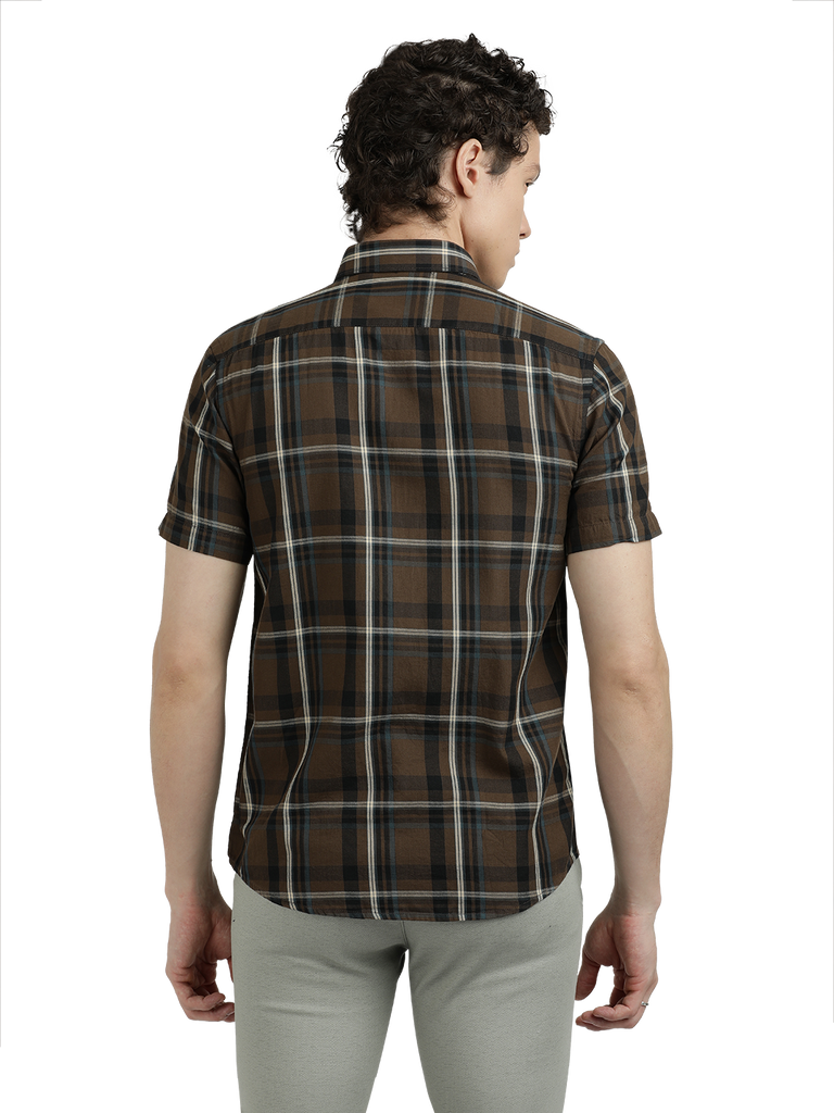 Model wearing Clarke Gable's Brown With Black Checked Semi Casual Shirt in a casual setting