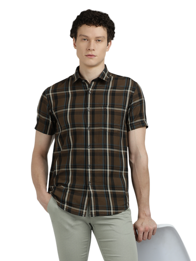 Model wearing Clarke Gable's Brown With Black Checked Semi Casual Shirt in a casual setting