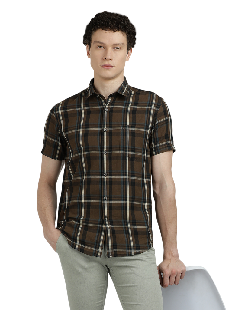 Model wearing Clarke Gable's Brown With Black Checked Semi Casual Shirt in a casual setting