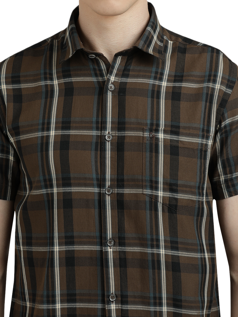 Model wearing Clarke Gable's Brown With Black Checked Semi Casual Shirt in a casual setting