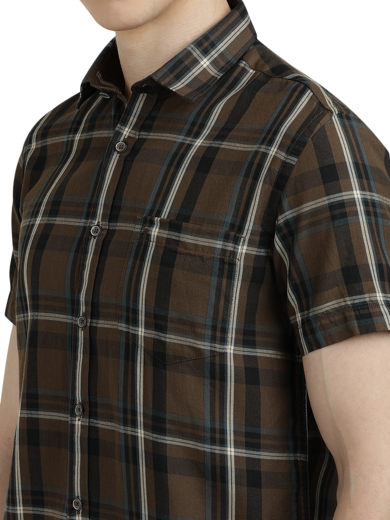 Model wearing Clarke Gable's Brown With Black Checked Semi Casual Shirt in a casual setting