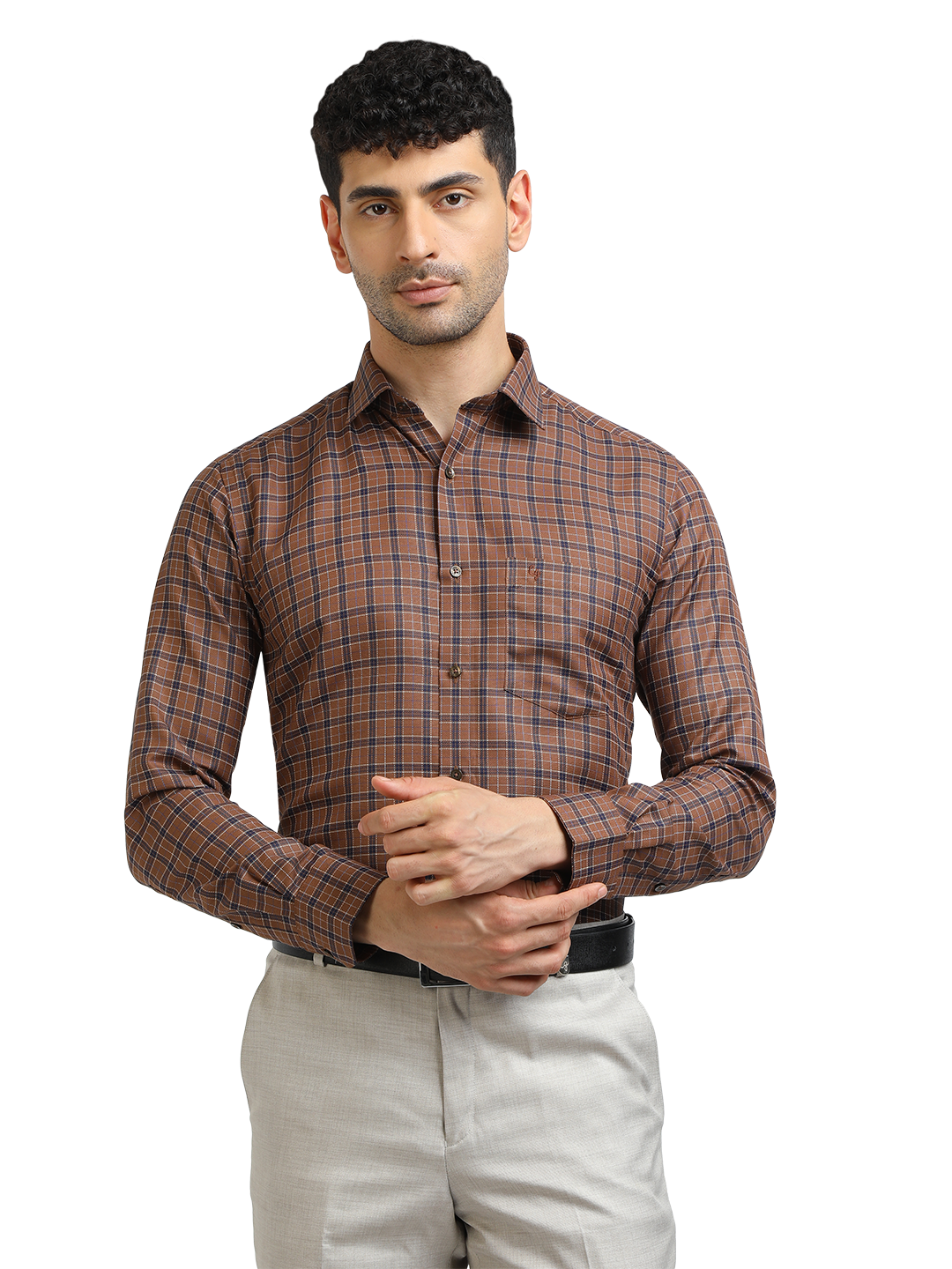 Model wearing Clarke Gable's Brown With Navy Checked Formal Shirt in a casual setting