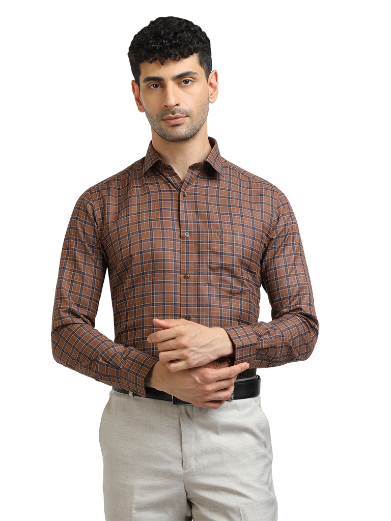 Model wearing Clarke Gable's Brown With Navy Checked Formal Shirt in a casual setting