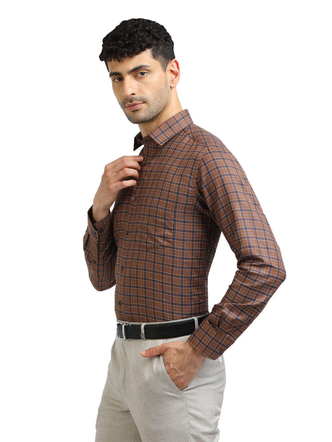Model wearing Clarke Gable's Brown With Navy Checked Formal Shirt in a casual setting