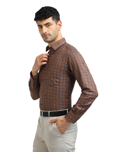 Model wearing Clarke Gable's Brown With Navy Checked Formal Shirt in a casual setting