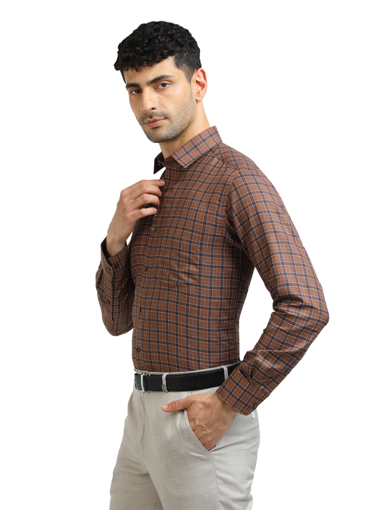 Model wearing Clarke Gable's Brown With Navy Checked Formal Shirt in a casual setting