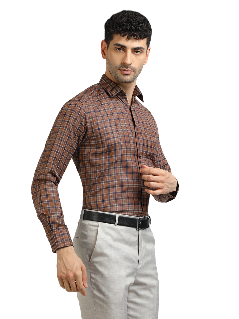 Model wearing Clarke Gable's Brown With Navy Checked Formal Shirt in a casual setting