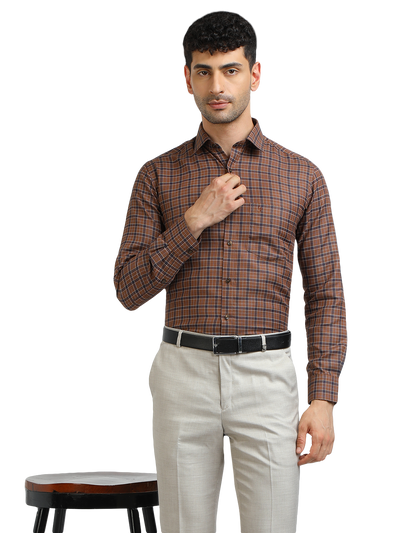 Model wearing Clarke Gable's Brown With Navy Checked Formal Shirt in a casual setting