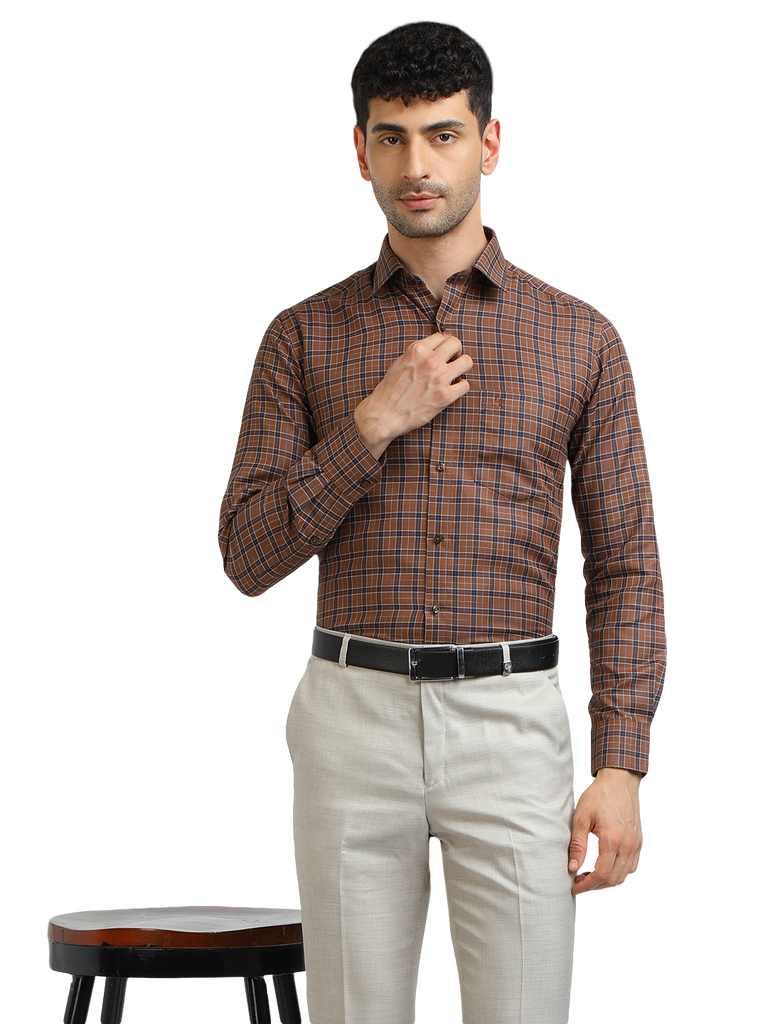 Model wearing Clarke Gable's Brown With Navy Checked Formal Shirt in a casual setting