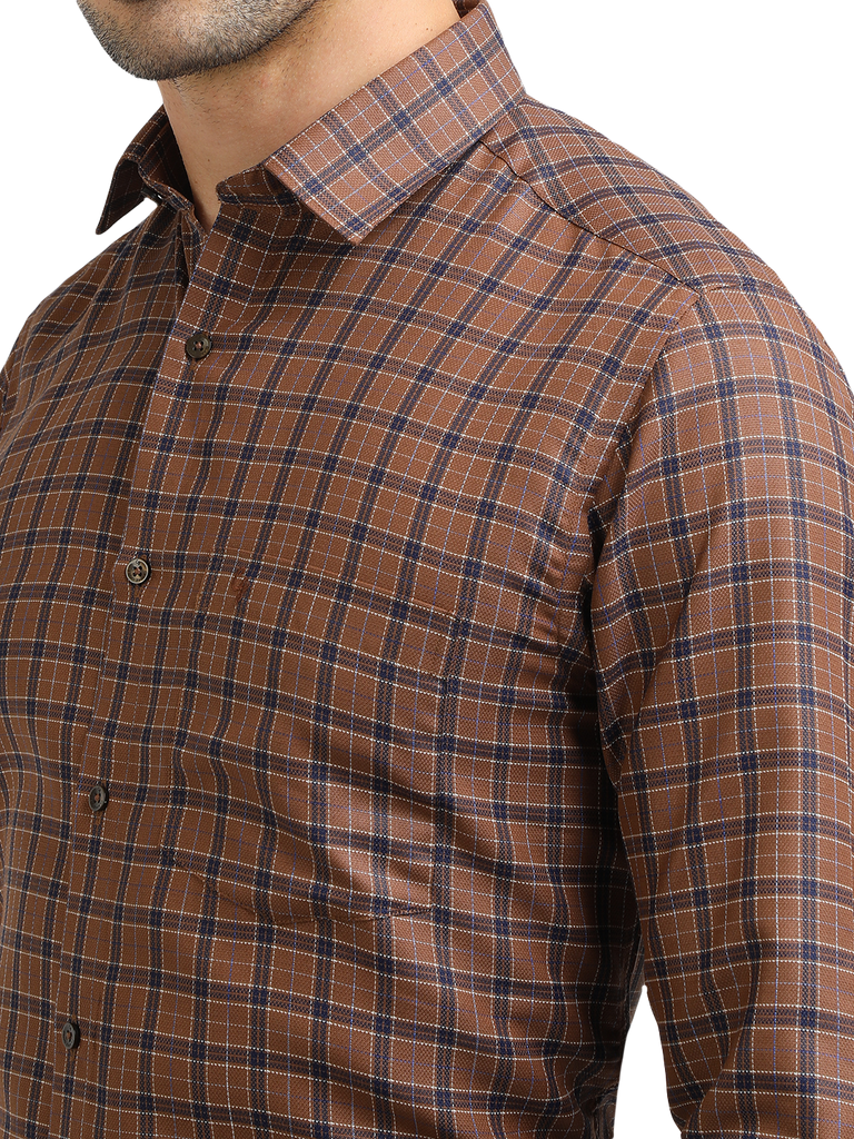 Model wearing Clarke Gable's Brown With Navy Checked Formal Shirt in a casual setting