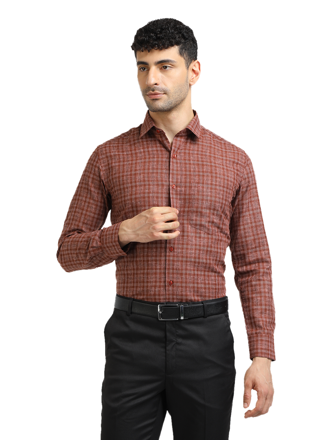 Model wearing Clarke Gable's Brown With White Checked Formal Shirt in a casual setting