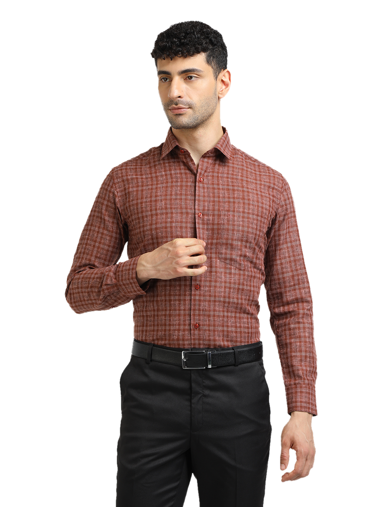 Model wearing Clarke Gable's Brown With White Checked Formal Shirt in a casual setting