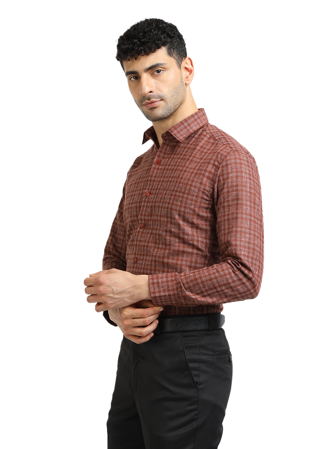 Model wearing Clarke Gable's Brown With White Checked Formal Shirt in a casual setting