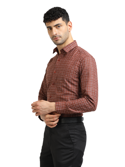 Model wearing Clarke Gable's Brown With White Checked Formal Shirt in a casual setting