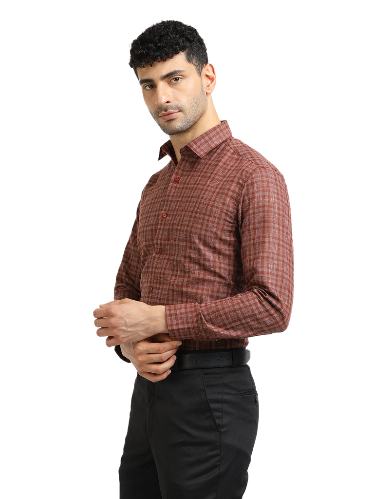 Model wearing Clarke Gable's Brown With White Checked Formal Shirt in a casual setting