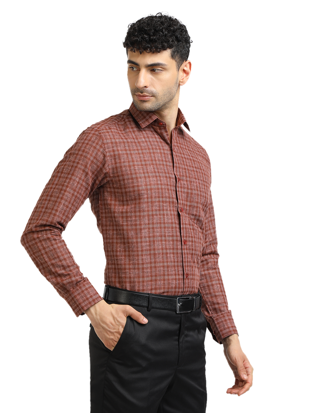 Model wearing Clarke Gable's Brown With White Checked Formal Shirt in a casual setting