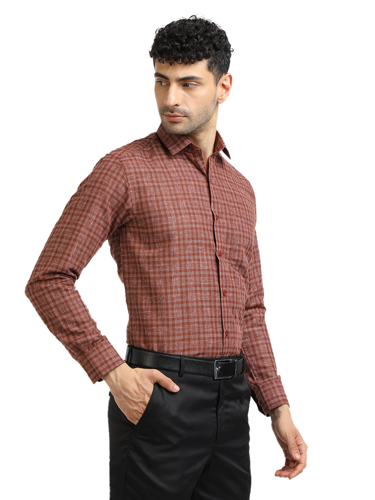 Model wearing Clarke Gable's Brown With White Checked Formal Shirt in a casual setting