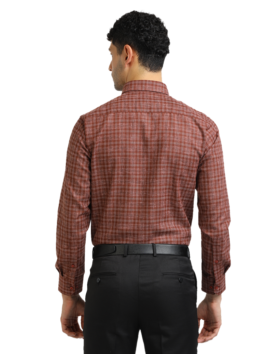 Model wearing Clarke Gable's Brown With White Checked Formal Shirt in a casual setting