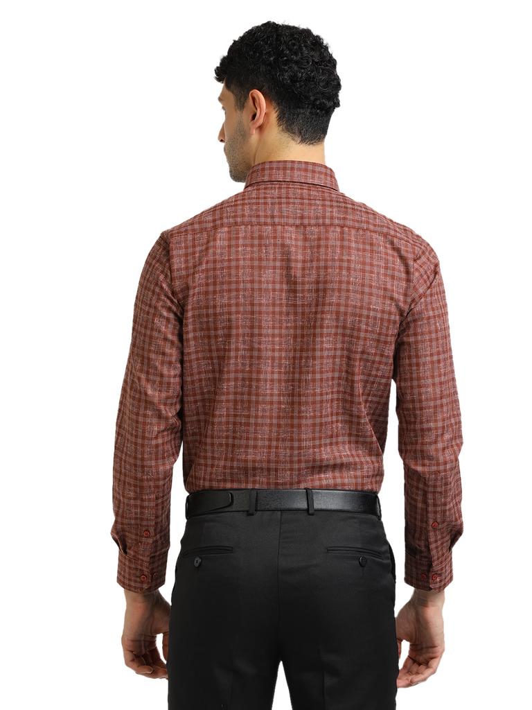 Model wearing Clarke Gable's Brown With White Checked Formal Shirt in a casual setting