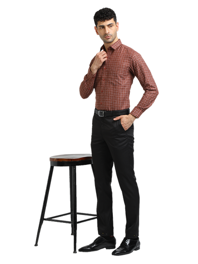 Model wearing Clarke Gable's Brown With White Checked Formal Shirt in a casual setting