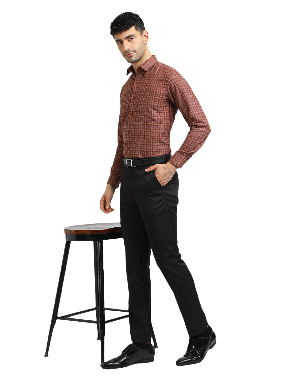 Model wearing Clarke Gable's Brown With White Checked Formal Shirt in a casual setting