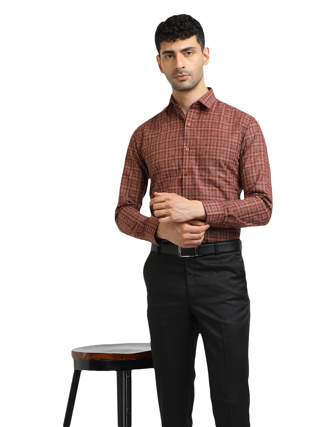 Model wearing Clarke Gable's Brown With White Checked Formal Shirt in a casual setting