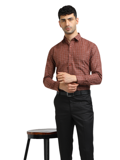Model wearing Clarke Gable's Brown With White Checked Formal Shirt in a casual setting