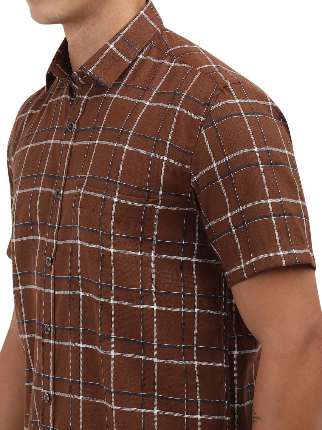 Model wearing Clarke Gable's Brown With White Checked Semi Casual Shirt in a casual setting