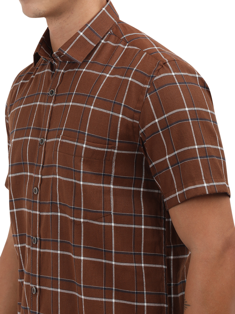 Model wearing Clarke Gable's Brown With White Checked Semi Casual Shirt in a casual setting