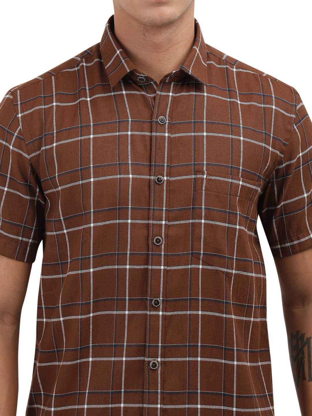 Model wearing Clarke Gable's Brown With White Checked Semi Casual Shirt in a casual setting