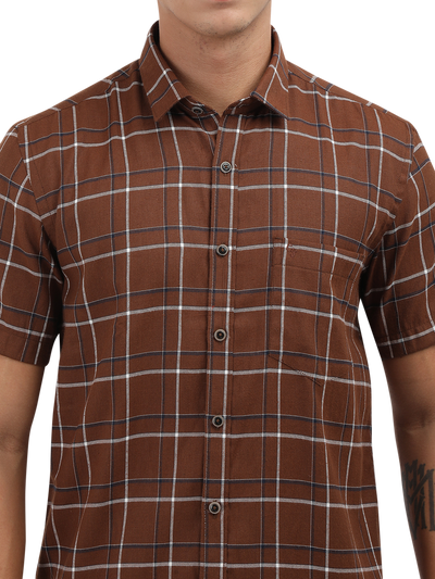 Model wearing Clarke Gable's Brown With White Checked Semi Casual Shirt in a casual setting