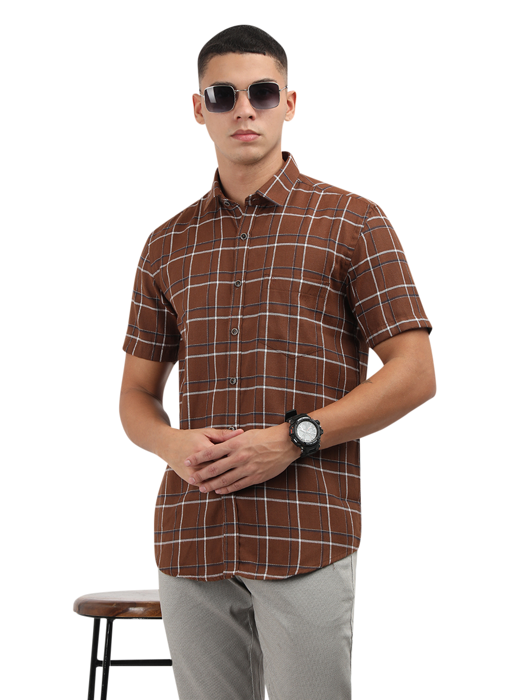 Model wearing Clarke Gable's Brown With White Checked Semi Casual Shirt in a casual setting