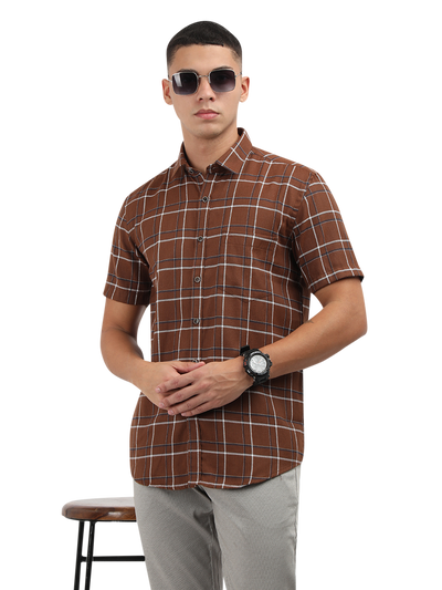 Model wearing Clarke Gable's Brown With White Checked Semi Casual Shirt in a casual setting