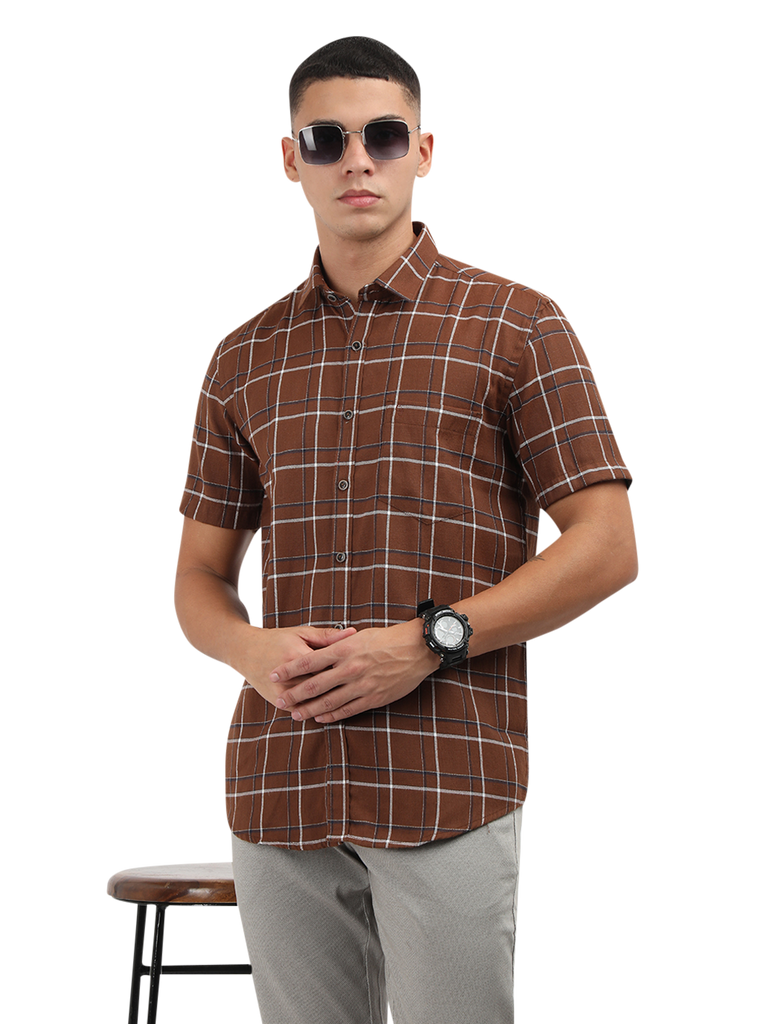 Model wearing Clarke Gable's Brown With White Checked Semi Casual Shirt in a casual setting