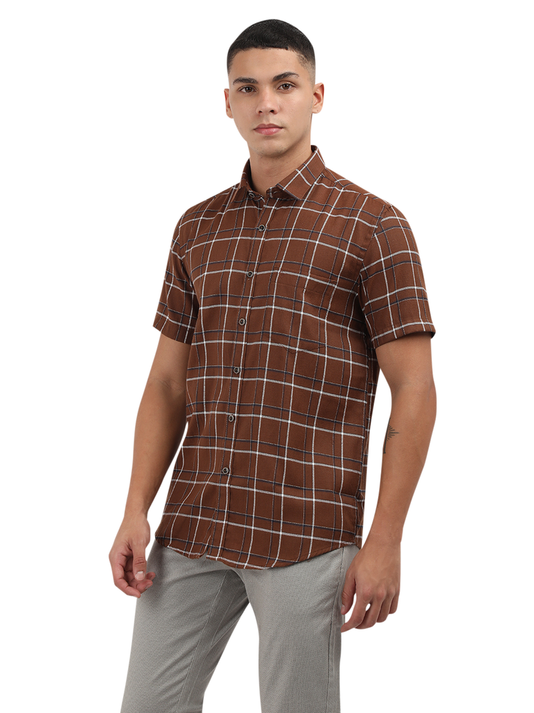 Model wearing Clarke Gable's Brown With White Checked Semi Casual Shirt in a casual setting