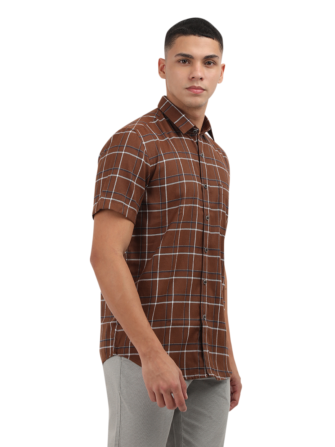 Model wearing Clarke Gable's Brown With White Checked Semi Casual Shirt in a casual setting