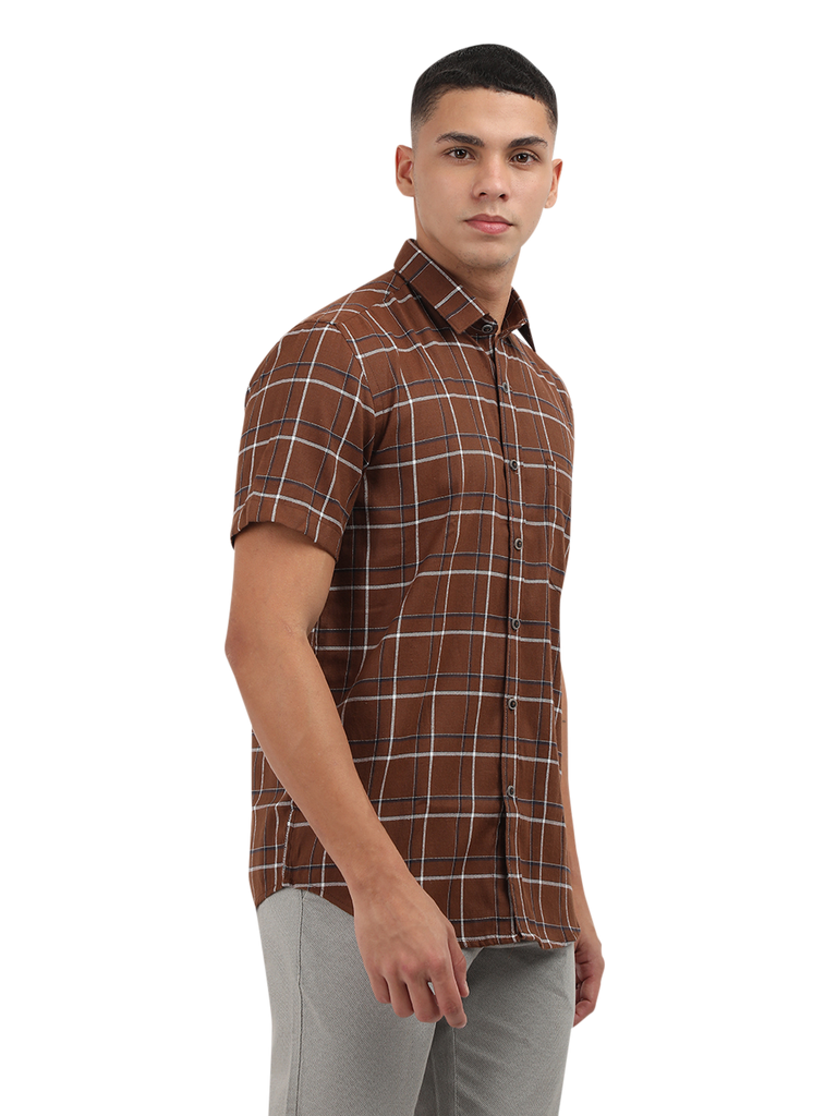 Model wearing Clarke Gable's Brown With White Checked Semi Casual Shirt in a casual setting