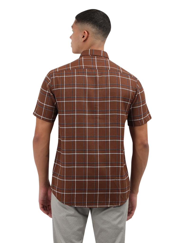 Model wearing Clarke Gable's Brown With White Checked Semi Casual Shirt in a casual setting