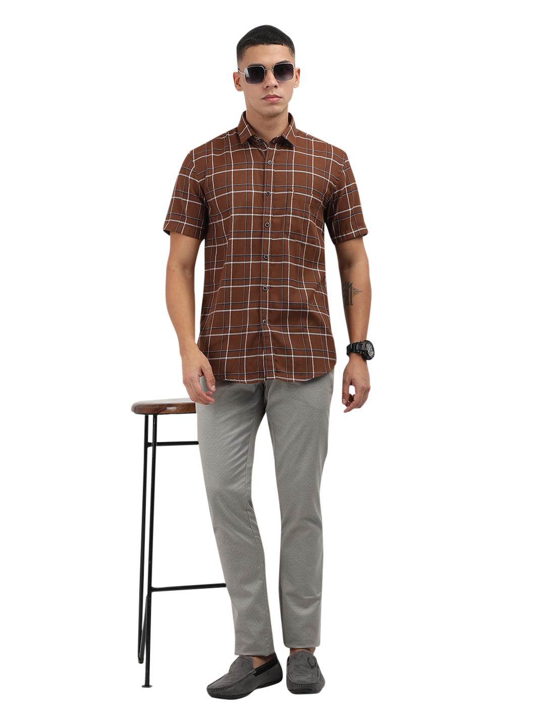Model wearing Clarke Gable's Brown With White Checked Semi Casual Shirt in a casual setting