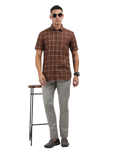 Model wearing Clarke Gable's Brown With White Checked Semi Casual Shirt in a casual setting