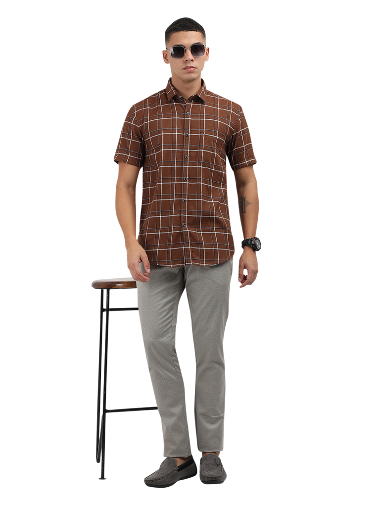 Model wearing Clarke Gable's Brown With White Checked Semi Casual Shirt in a casual setting